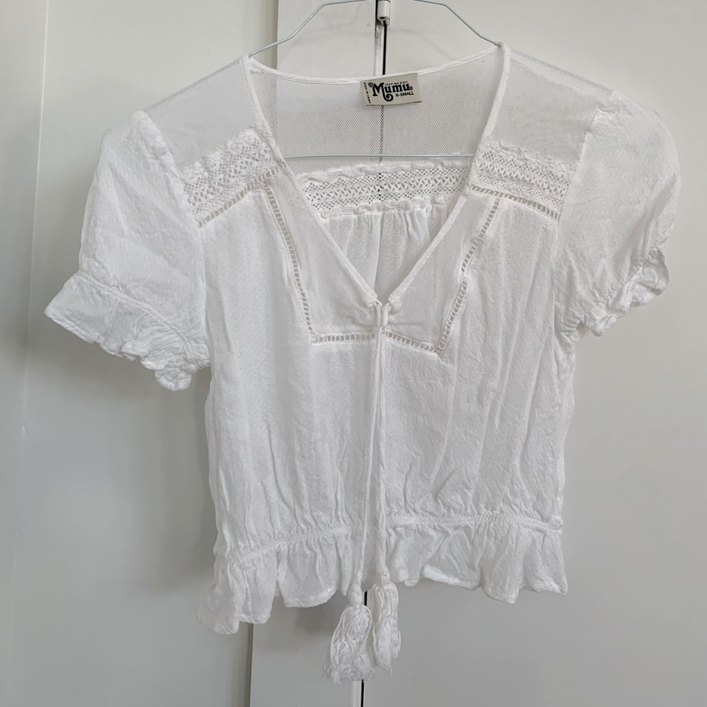 Show Me Your MuMu White Lace-Trim Peasant Crop Top
